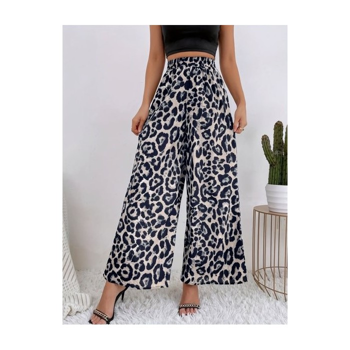 Women Leopard Long Elastic Waist Pants Vintage Spring/Fall Trousers