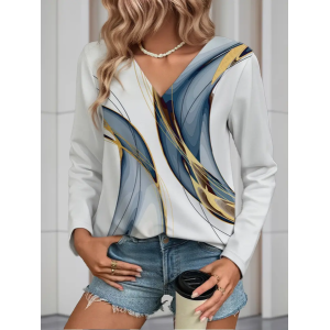 Women Abstract Long Sleeve Tee T-shirt V Neck Printing Casual Spring/Fall Graphic Tee Top