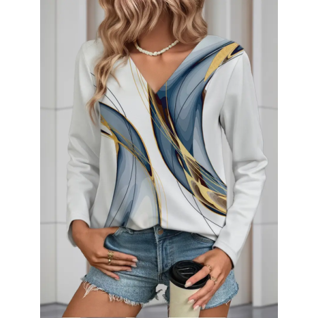 Women Abstract Long Sleeve Tee T-shirt V Neck Printing Casual Spring/Fall Graphic Tee Top