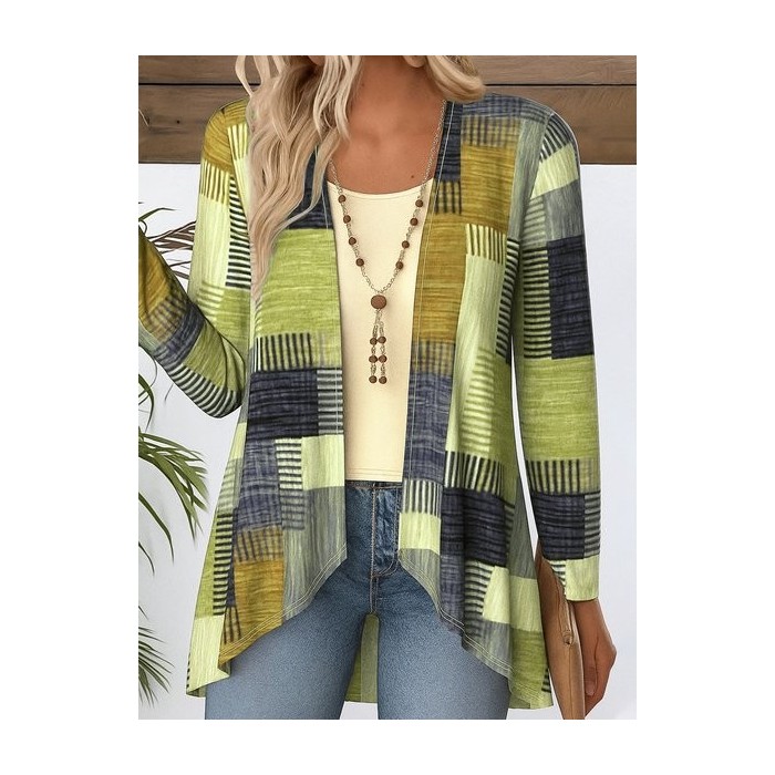 Women Geometric Long Sleeve Blouse Spring/Fall V Neck Daily Vintage Top