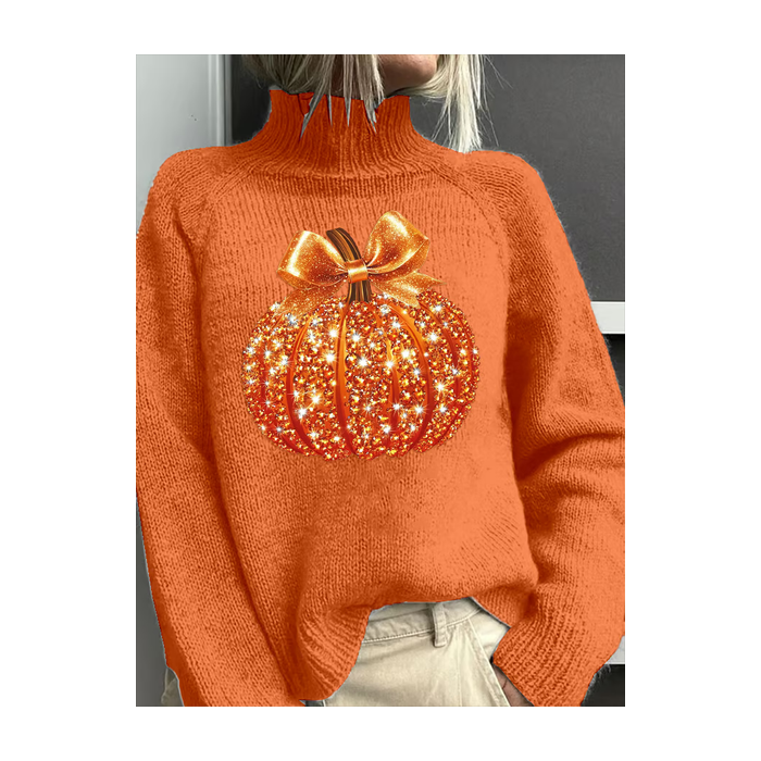 Women Halloween (pumpkin) Printing Spring/Fall Vintage Long Sleeve Turtleneck Sweater
