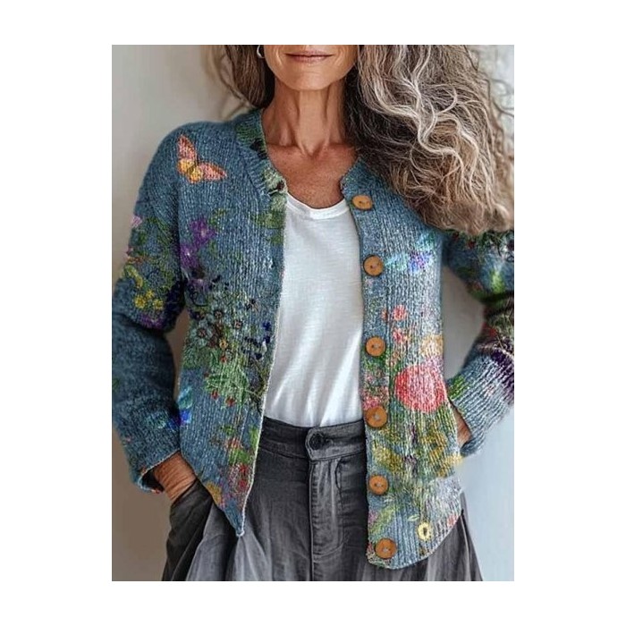 Women's Spring/Fall Outerwear Casual Zipper Floral Long Sleeve Crew Neck Jacket