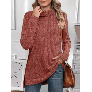 Women Plain Long Sleeve Tee T-shirt Turtleneck Split Joint Vintage Spring/Fall Top