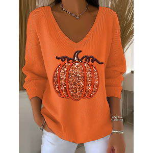 Women Halloween (pumpkin) Long Sleeve Tee T-shirt V Neck Printing Casual Spring/Fall Top