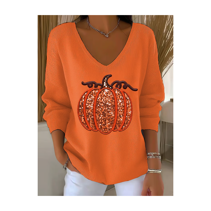 Women Halloween (pumpkin) Long Sleeve Tee T-shirt V Neck Printing Casual Spring/Fall Top
