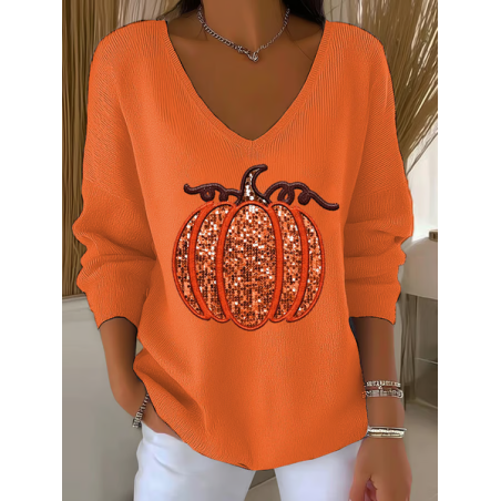 Women Halloween (pumpkin) Long Sleeve Tee T-shirt V Neck Printing Casual Spring/Fall Top