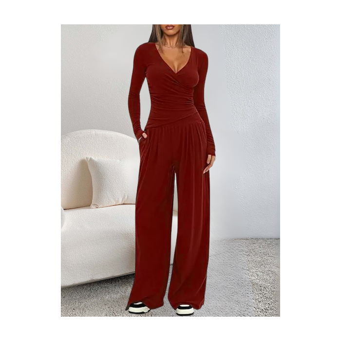 Women Plain Split Joint Two-Piece Set Daily Long Sleeve Casual Spring/Fall Top With Pants Matching Set