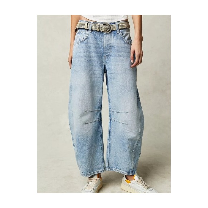 Buckle Cotton Loose Casual Women's Loose Wide Leg Pants Mid-low Rise Washed Scimitar Pants Jeans