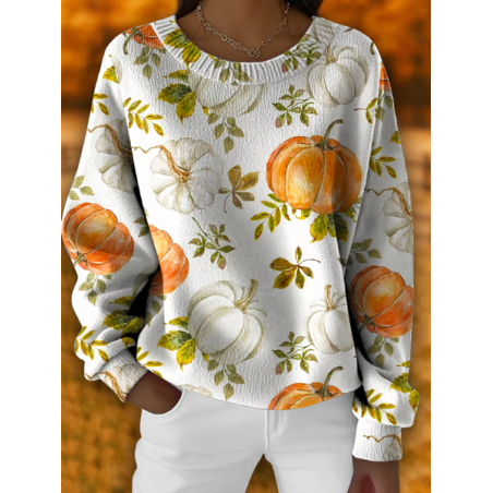 Women Floral Printing Spring/Fall Casual Long Sleeve Crew Neck Knitted Sweater