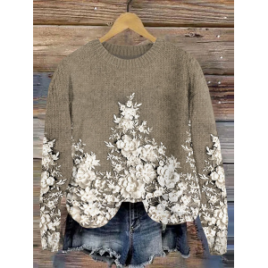 Women Floral Printing Spring/Fall Casual Long Sleeve Crew Neck Knitted Sweater