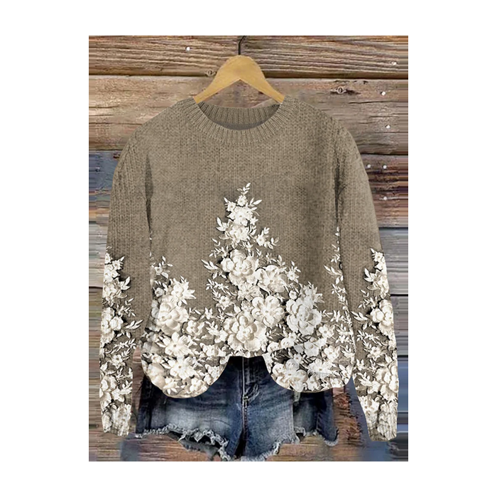 Women Floral Printing Spring/Fall Casual Long Sleeve Crew Neck Knitted Sweater