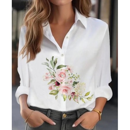 Women Floral Long Sleeve Shirt Spring/Fall Buckle Shirt Collar Regular Sleeve Daily Casual Top