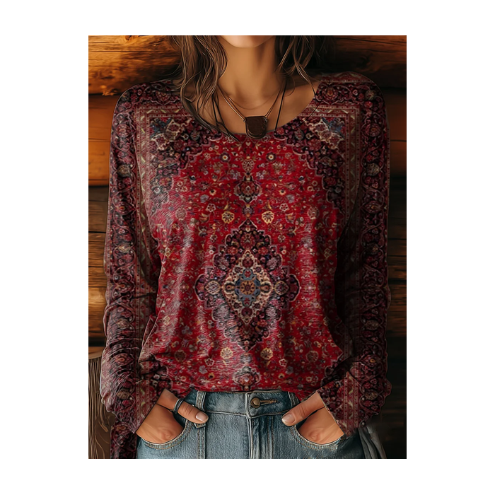 Women Ethnic Long Sleeve Tee T-shirt Crew Neck Printing Casual Spring/Fall Graphic Tee Top