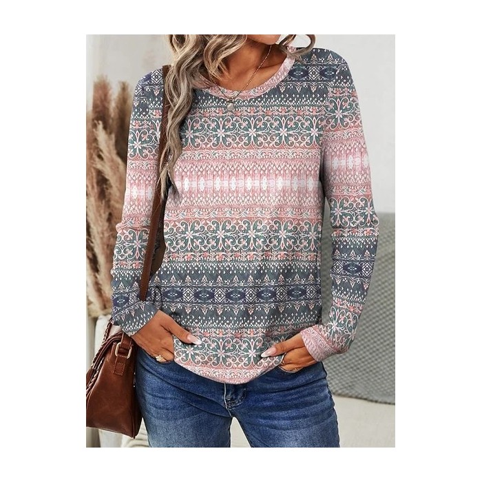 Women Ethnic Long Sleeve Tee T-shirt Crew Neck Printing Casual Spring/Fall Graphic Tee Top
