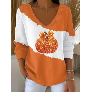 Women Halloween (pumpkin) Long Sleeve Tee T-shirt V Neck Printing Casual Spring/Fall Top