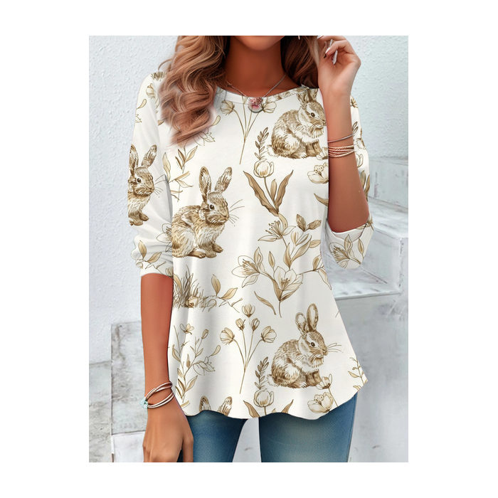 Women's Long Sleeve Tee T-shirt Spring/Fall Easter (rabbit) Printing Crew Neck Casual Graphic Tee Top
