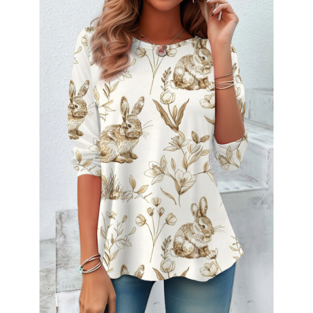 Women's Long Sleeve Tee T-shirt Spring/Fall Easter (rabbit) Printing Crew Neck Casual Graphic Tee Top