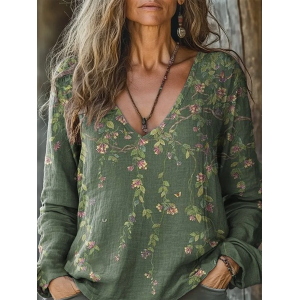 Women's Long Sleeve Tee T-shirt Spring/Fall Floral Printing V Neck Casual Graphic Tee Top