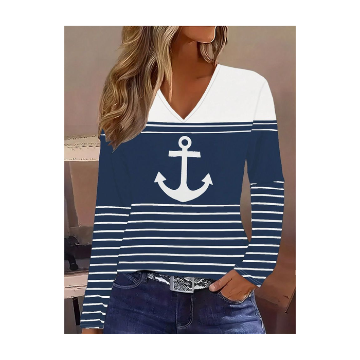 Women's Long Sleeve Tee T-shirt Spring/Fall Striped Printing V Neck Casual Graphic Tee Top