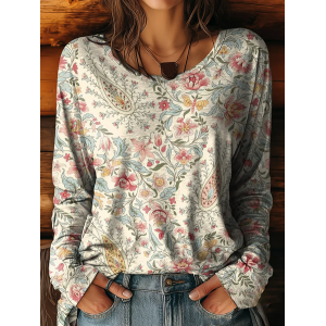 Women Floral Long Sleeve Tee T-shirt Crew Neck Printing Casual Spring/Fall Graphic Tee Top