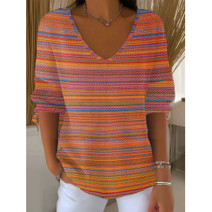 Women Striped Three Quarter Sleeve Tee T-shirt V Neck Vintage Spring/Fall Top