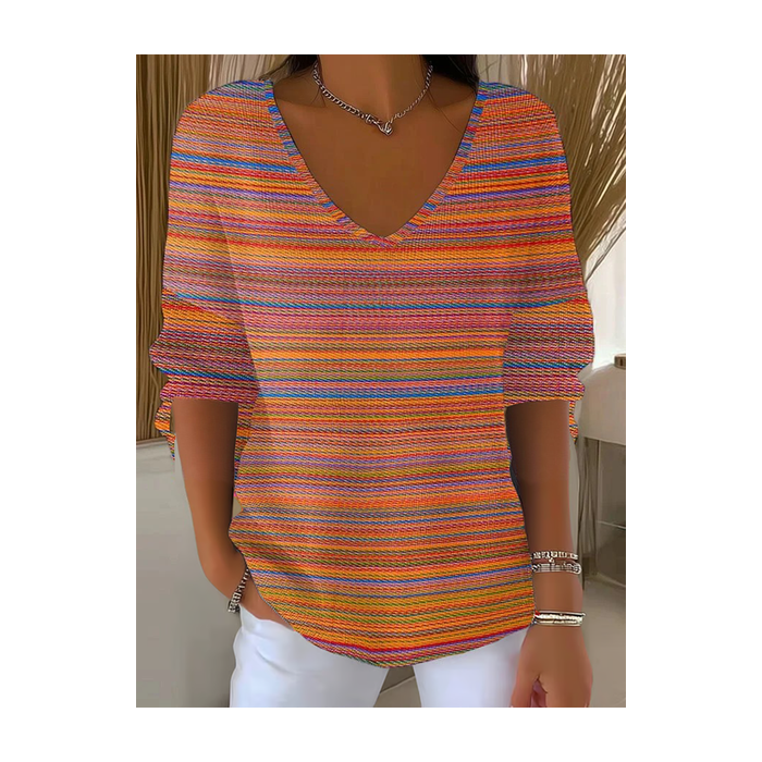 Women Striped Three Quarter Sleeve Tee T-shirt V Neck Vintage Spring/Fall Top