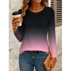 Women Ombre Long Sleeve Tee T-shirt Crew Neck Printing Casual Spring/Fall Graphic Tee Top