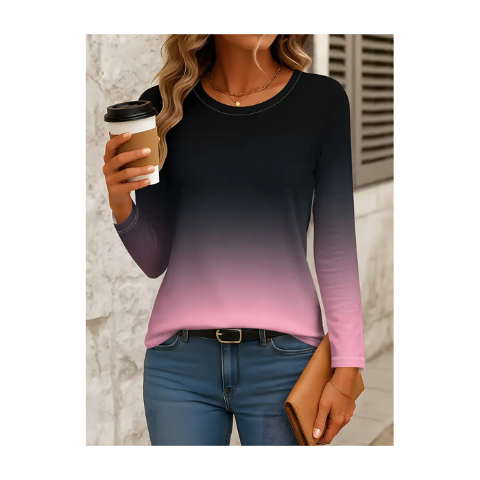 Women Ombre Long Sleeve Tee T-shirt Crew Neck Printing Casual Spring/Fall Graphic Tee Top