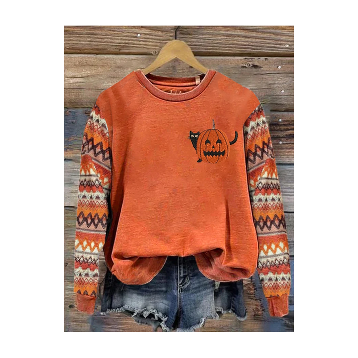 Women's Crew Neck Halloween (pumpkin) Printing Vintage Spring/Fall Long Sleeve Sweatshirt