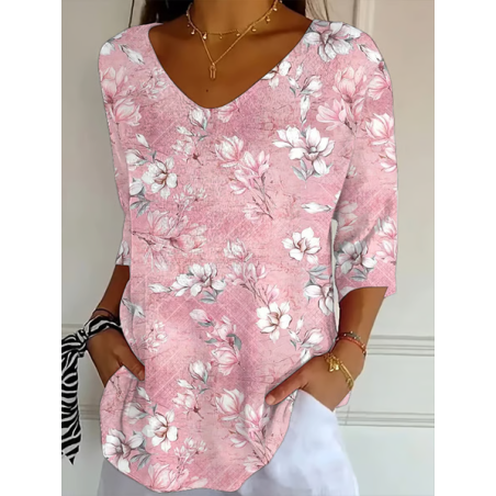 Women Floral Three Quarter Sleeve Tee T-shirt V Neck Printing Casual Spring/Fall Graphic Tee Top