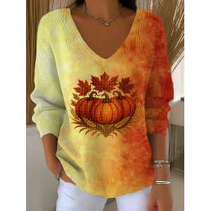 Women Maple Leaf Long Sleeve Tee T-shirt V Neck Printing Casual Spring/Fall Top