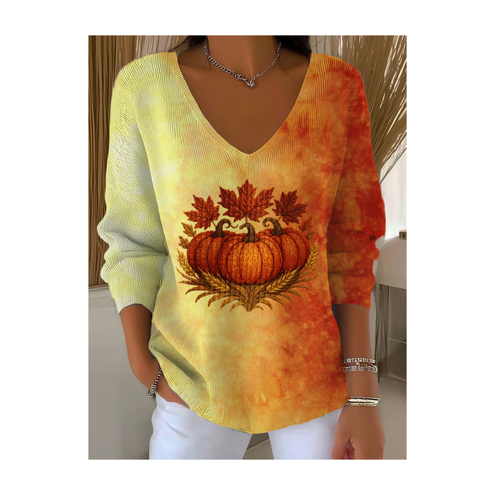 Women Maple Leaf Long Sleeve Tee T-shirt V Neck Printing Casual Spring/Fall Top