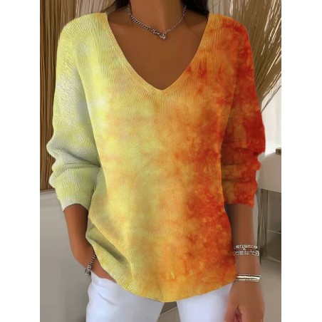 Women Ombre Long Sleeve Tee T-shirt V Neck Printing Casual Spring/Fall Top