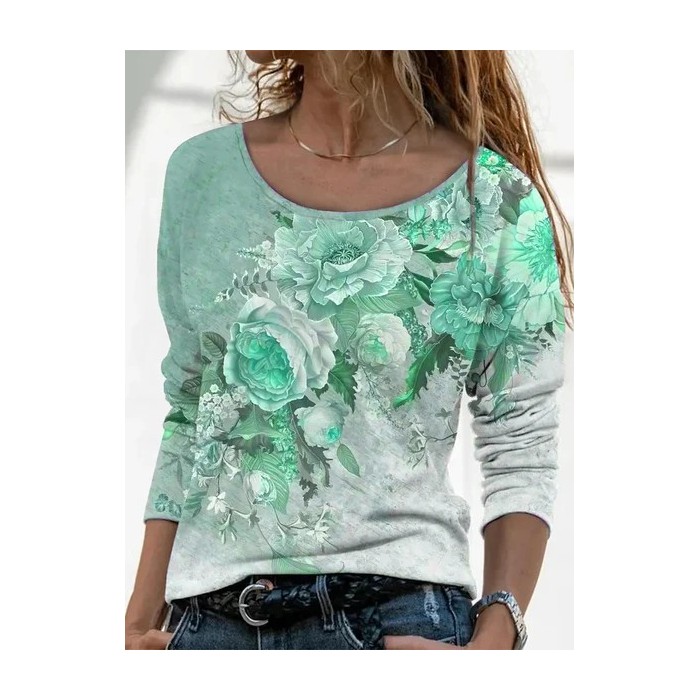 Women Floral Long Sleeve Tee T-shirt Crew Neck Printing Casual Spring/Fall Graphic Tee Top