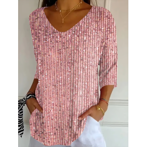 Women Abstract Three Quarter Sleeve Tee T-shirt V Neck Printing Casual Spring/Fall Graphic Tee Top