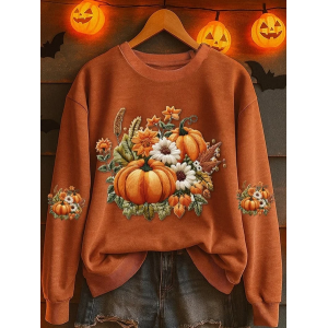 Women Halloween Pumpkin Floral Crew Neck Printing Casual Spring/Fall Long Sleeve Sweatshirt