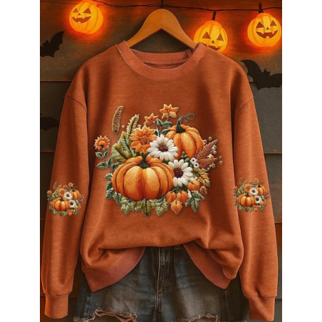 Women Halloween Pumpkin Floral Crew Neck Printing Casual Spring/Fall Long Sleeve Sweatshirt