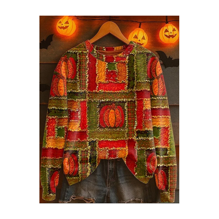 Women Halloween Pumpkin Crew Neck Printing Casual Spring/Fall Long Sleeve Sweatshirt