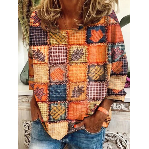 Women Halloween Maple Leaf Print Long Sleeve Tee T-shirt Crew Neck Festival Spring/Fall Plus Size Top