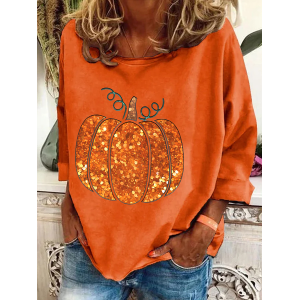 Women Halloween Pumpkin Print Long Sleeve Tee T-shirt Crew Neck Festival Spring/Fall Graphic Tee Top