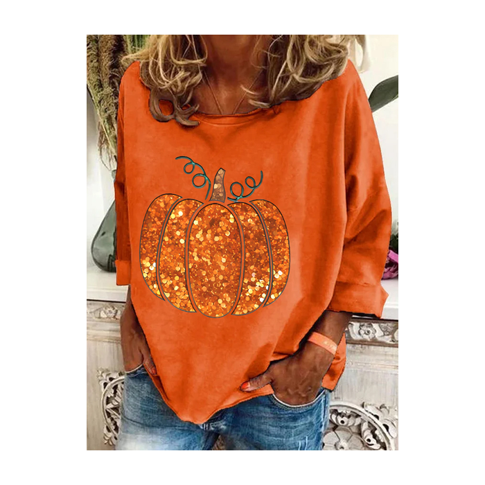 Women Halloween Pumpkin Print Long Sleeve Tee T-shirt Crew Neck Festival Spring/Fall Graphic Tee Top