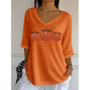 Women Halloween Pumpkin Three Quarter Sleeve Tee T-shirt V Neck Printing Casual Spring/Fall Graphic Tee Top