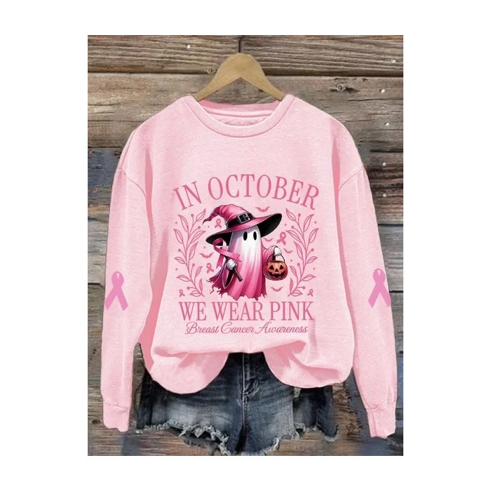Women Halloween Spooky Text Letter We Are Pink Ribbon Print Crew Neck Spring/Fall Long Sleeve Sweatshirt
