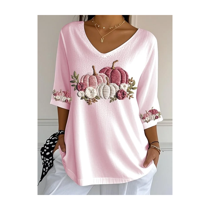 Women Halloween Pumpkin Floral Three Quarter Sleeve Tee T-shirt V Neck Printing Festival Spring/Fall Graphic Tee Top