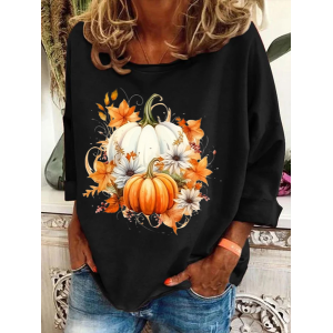 Women Halloween Pumpkin Floral Long Sleeve Tee T-shirt Crew Neck Festival Spring/Fall Graphic Top