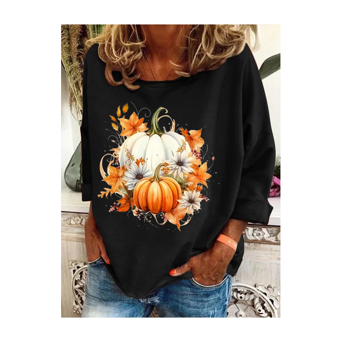 Women Halloween Pumpkin Floral Long Sleeve Tee T-shirt Crew Neck Festival Spring/Fall Graphic Top