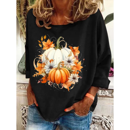 Women Halloween Pumpkin Floral Long Sleeve Tee T-shirt Crew Neck Festival Spring/Fall Graphic Top