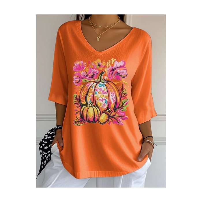 Women Halloween Pumpkin Orange Floral Three Quarter Sleeve Tee T-shirt V Neck Printing Festival Spring/Fall Graphic Tee Top