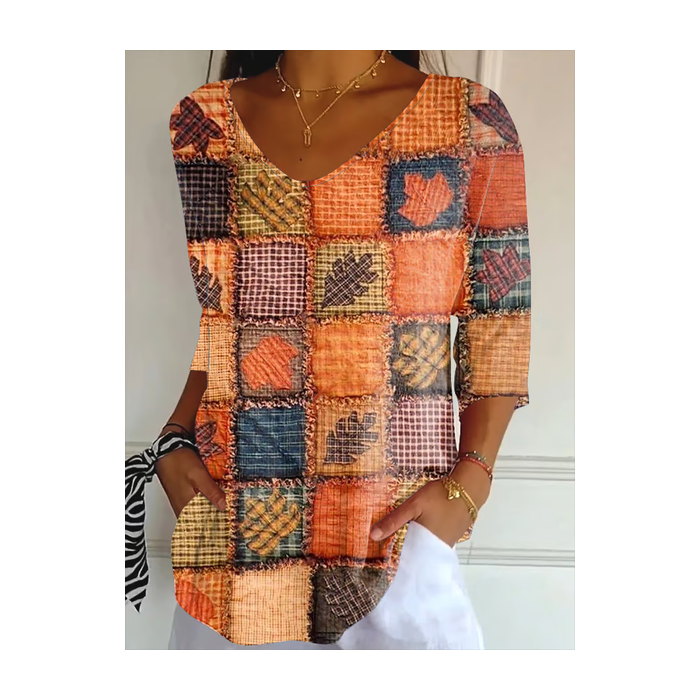 Women Halloween Maple Leaf Print Three Quarter Sleeve Tee T-shirt V Neck  Orange Casual Spring/Fall Graphic Tee Top