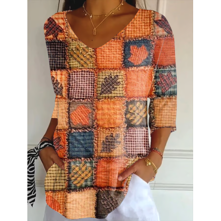 Women Halloween Maple Leaf Print Three Quarter Sleeve Tee T-shirt V Neck  Orange Casual Spring/Fall Graphic Tee Top